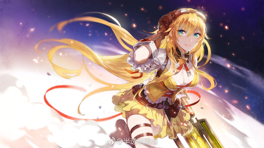 1girl, adjusting_goggles, blonde_hair, blue_eyes, blurry, breasts, cleavage, dancing_rain, depth_of_field, female_focus, goggles, goggles_on_head, gun, highres, kurotaru, long_hair, midriff, navel, quan_zhi_gao_shou, smile, solo, watermark, weapon