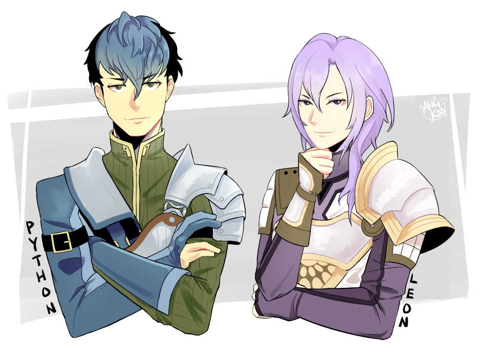 2boys, armor, artist_name, black_hair, blue_hair, character_name, fingerless_gloves, fire_emblem