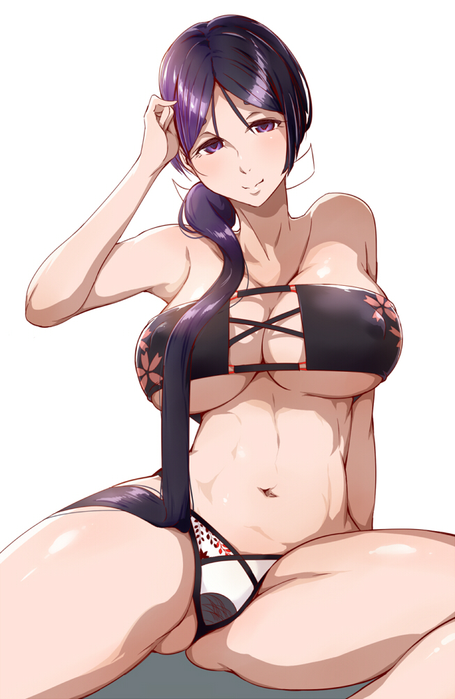 1girl, alternate_hairstyle, ass, bare_shoulders, bikini, breasts, cleavage, covered_erect_nipples