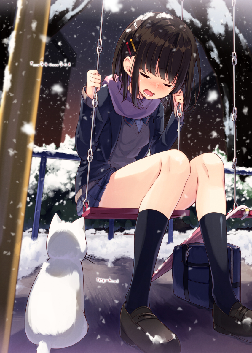 1girl, aikawa_sora, animal, black_socks, blonde_hair, cat, closed_eyes, crying, full_body, hair_ornament, hairclip, highres, kneehighs, on_swing, original, sakuragi_ren, scarf, school_uniform, short_hair, snowing, socks, swing, tears