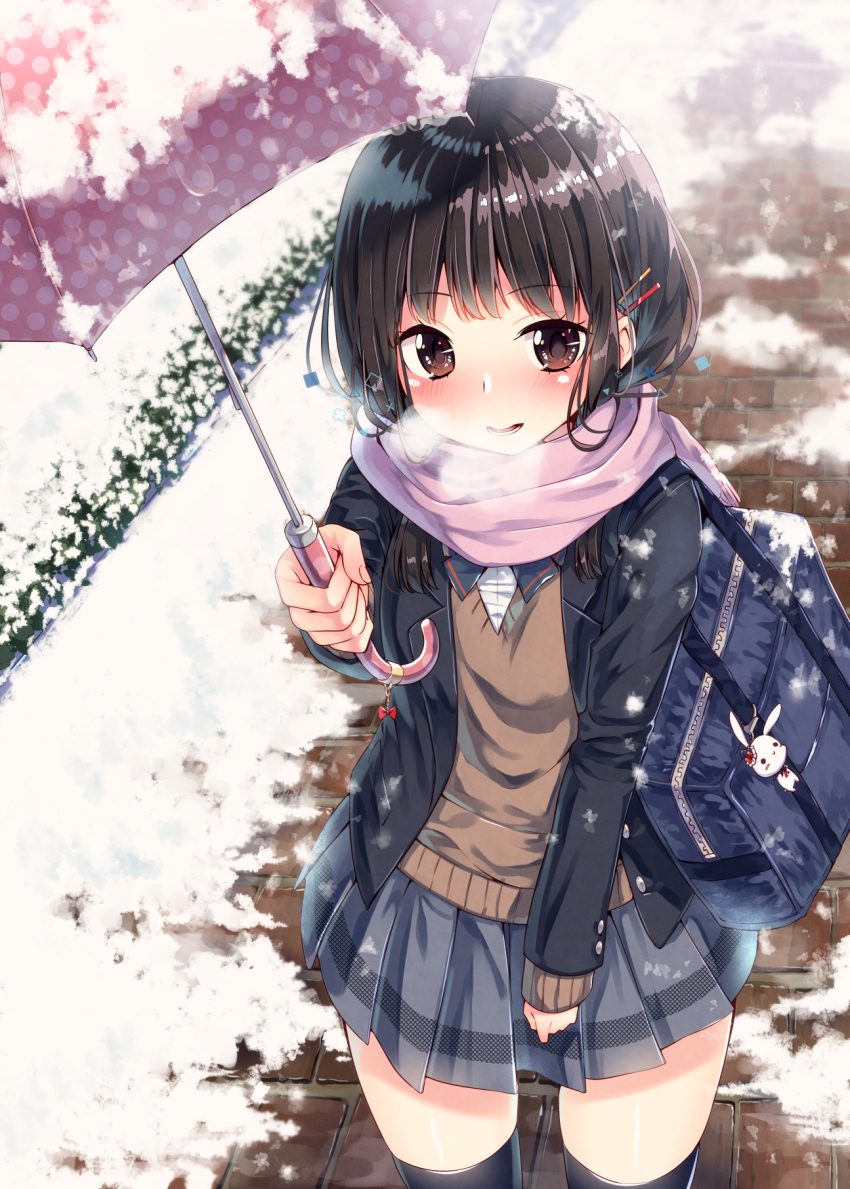 1girl, aikawa_sora, bag, bag_charm, black_hair, bookbag, brown_eyes, charm_(object)