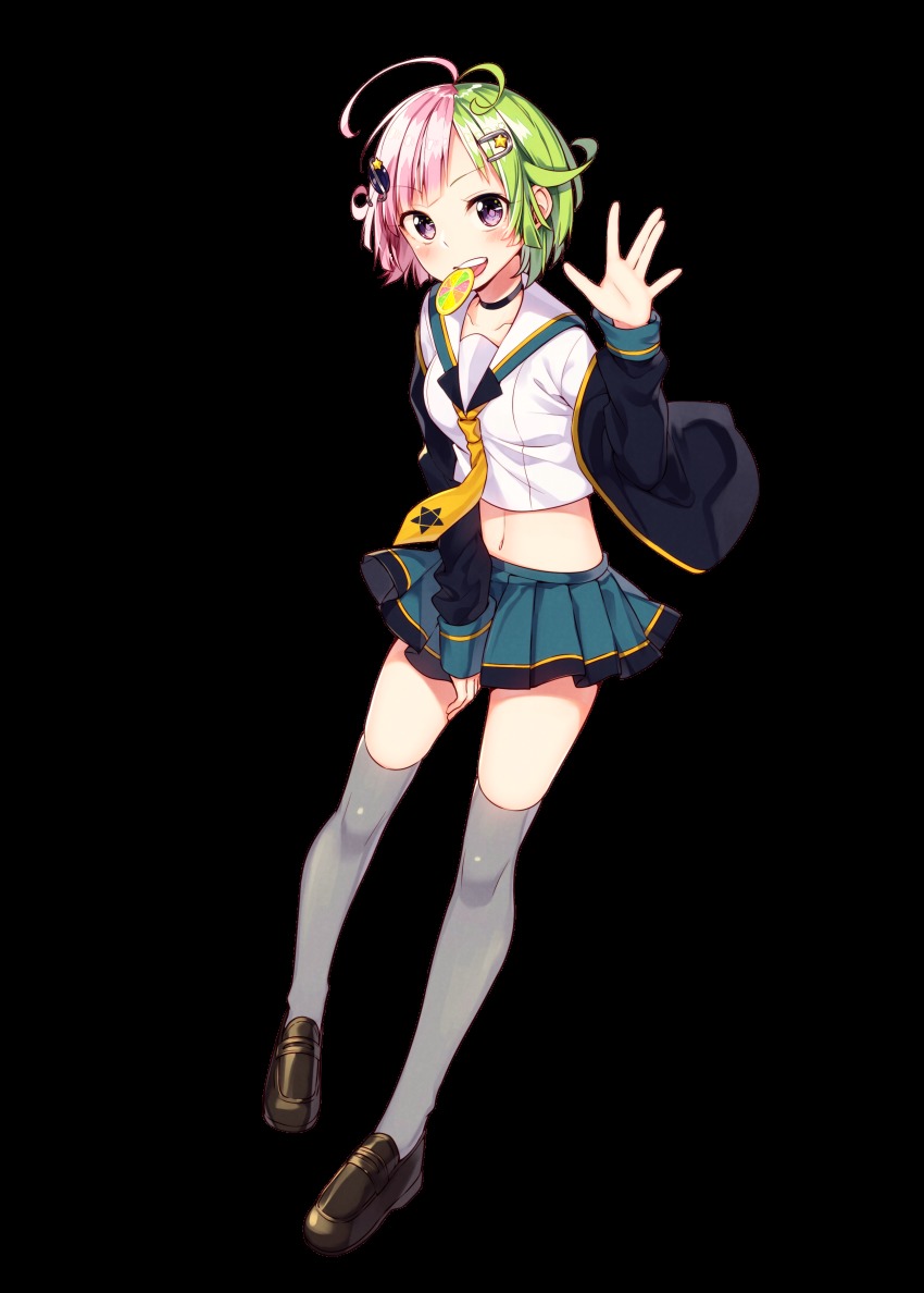 1girl, absurdres, antenna_hair, aqua_skirt, blush, brown_shoes, crop_top, crop_top_overhang