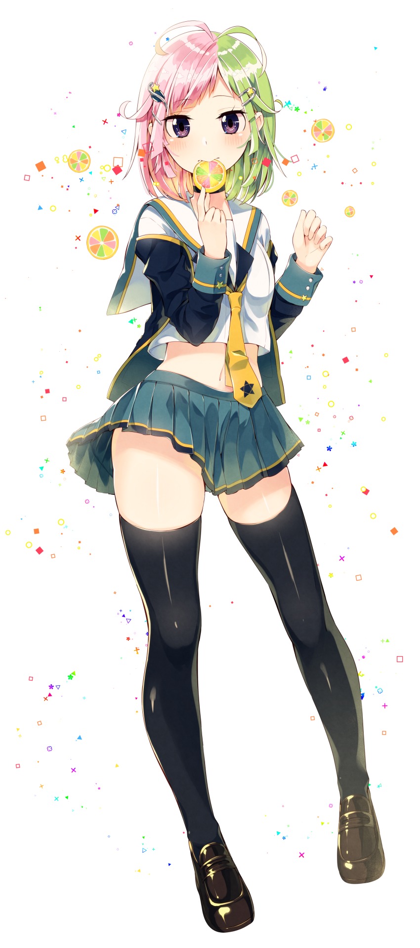 1girl, absurdres, antenna_hair, black_shoes, black_thighhighs, blue_skirt, blush, crop_top, eating, female_focus, food, food_in_mouth, green_hair, hair_ornament, hairclip, highres, holding, holding_food, legs_apart, loafers, long_sleeves, looking_at_viewer, miniskirt, multicolored_hair, necktie, original, pink_hair, pleated_skirt, purple_eyes, sakuragi_ren, school_uniform, serafuku, shiki_(sakuragi_ren), shoes, short_hair, skirt, sleeves_rolled_up, solo, split-color_hair, swept_bangs, thighhighs, two-tone_hair, white_background, yellow_necktie