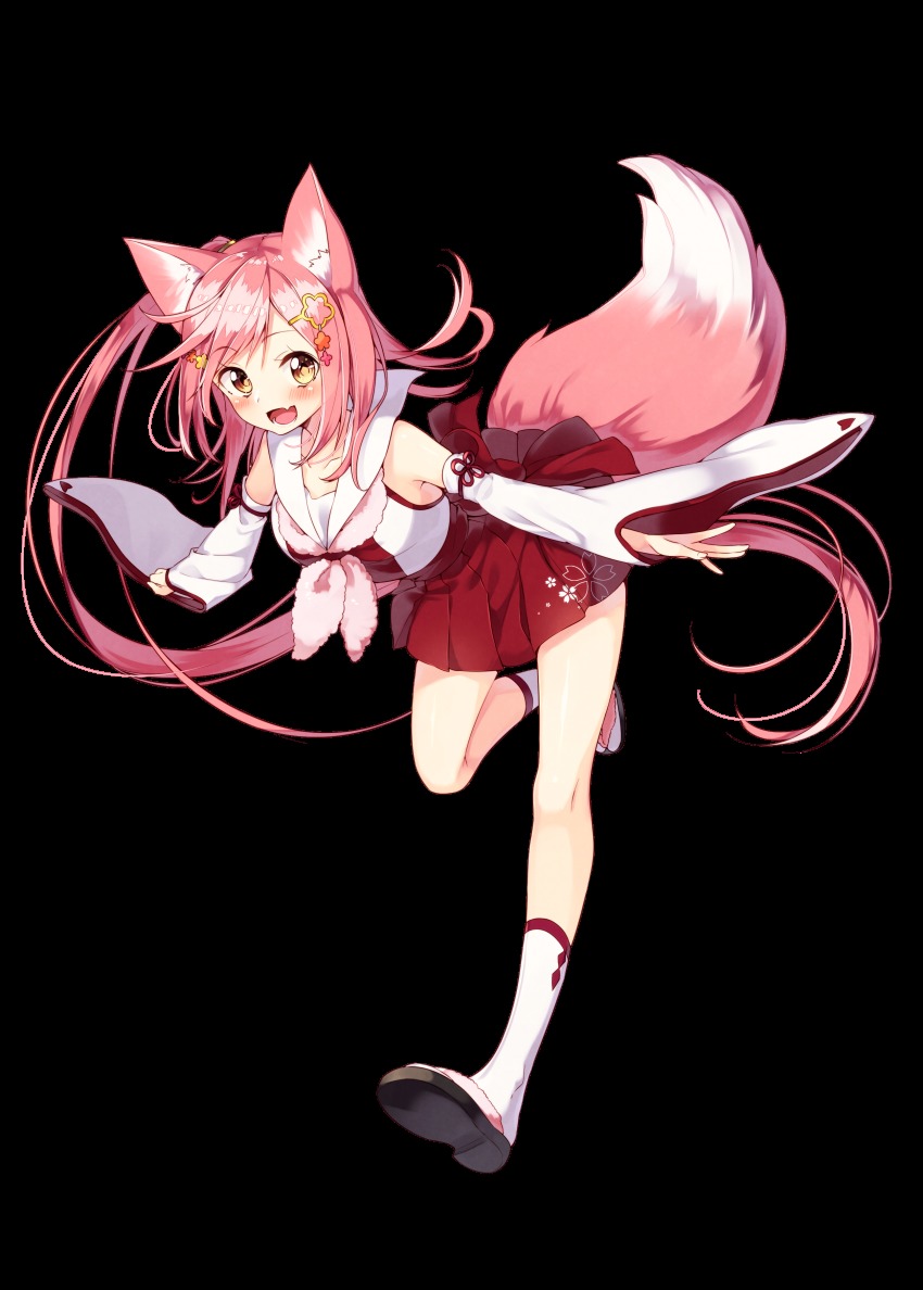 1girl, :d, absurdres, animal_ears, blush, breasts, cherry_blossoms, collarbone