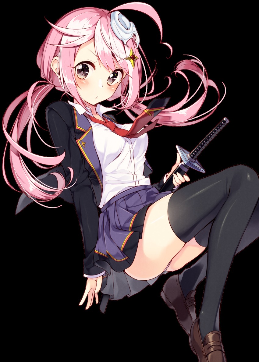 1girl, absurdres, ahoge, black_thighhighs, blazer, blue_skirt, blush, breasts