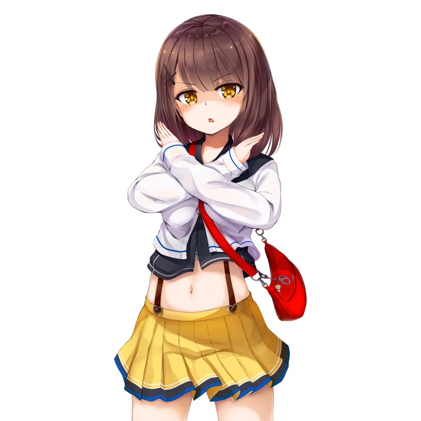 >:o, 1girl, :o, absurdres, bag, blunt_bangs, blush, brown_eyes