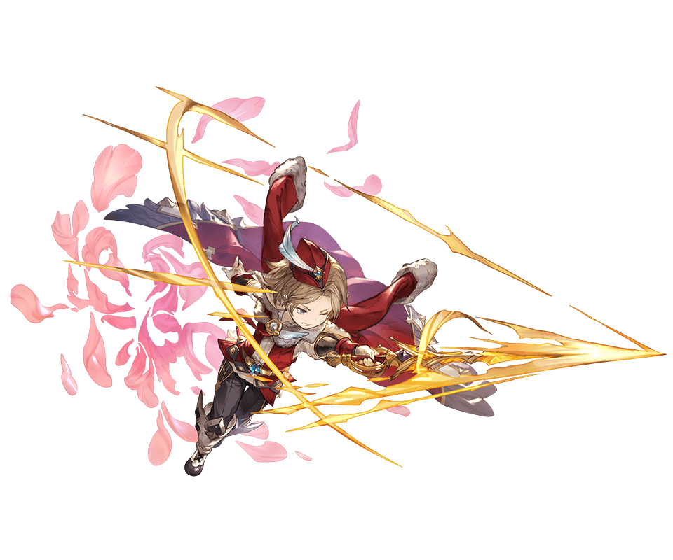 10s, 1boy, belt, blue_eyes, boots, brown_hair, crying, feathers, full_body, fur_trim, gloves, granblue_fantasy, harvin, hat, jacket, jacket_on_shoulders, male_focus, minaba_hideo, official_art, one_eye_closed, petals, solo, sword, tears, teeth, transparent_background, vermeil, weapon