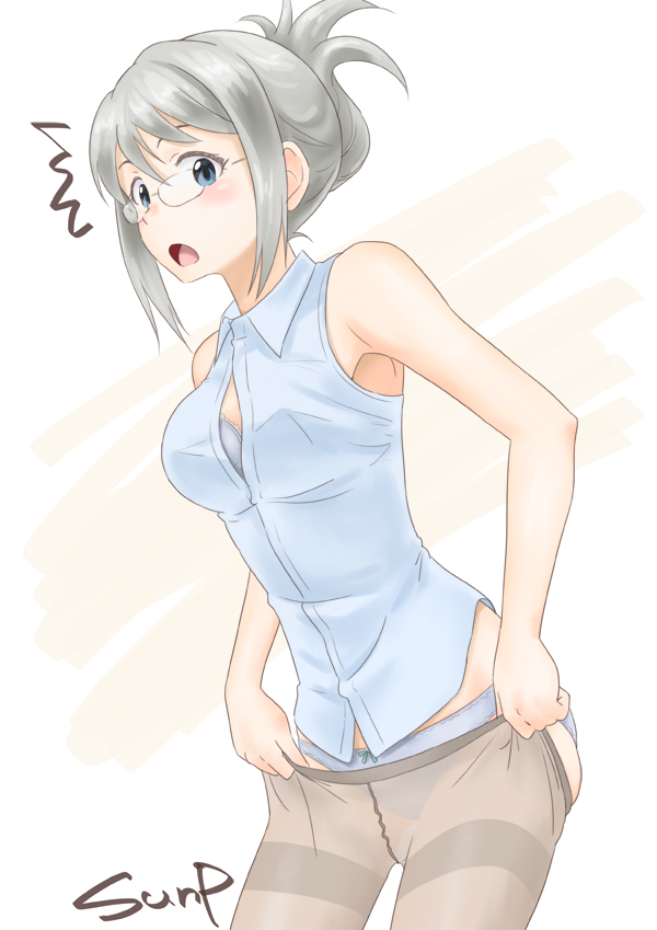 1girl, :o, ^^^, armpits, artist_name, bare_arms, bare_shoulders, beige_background
