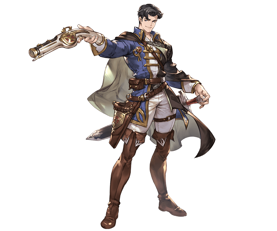 10s, 1boy, belt, black_hair, blue_eyes, boots, cape, full_body, granblue_fantasy, gun, male_focus, minaba_hideo, official_art, solo, sword, transparent_background, tyre_(granblue_fantasy), weapon