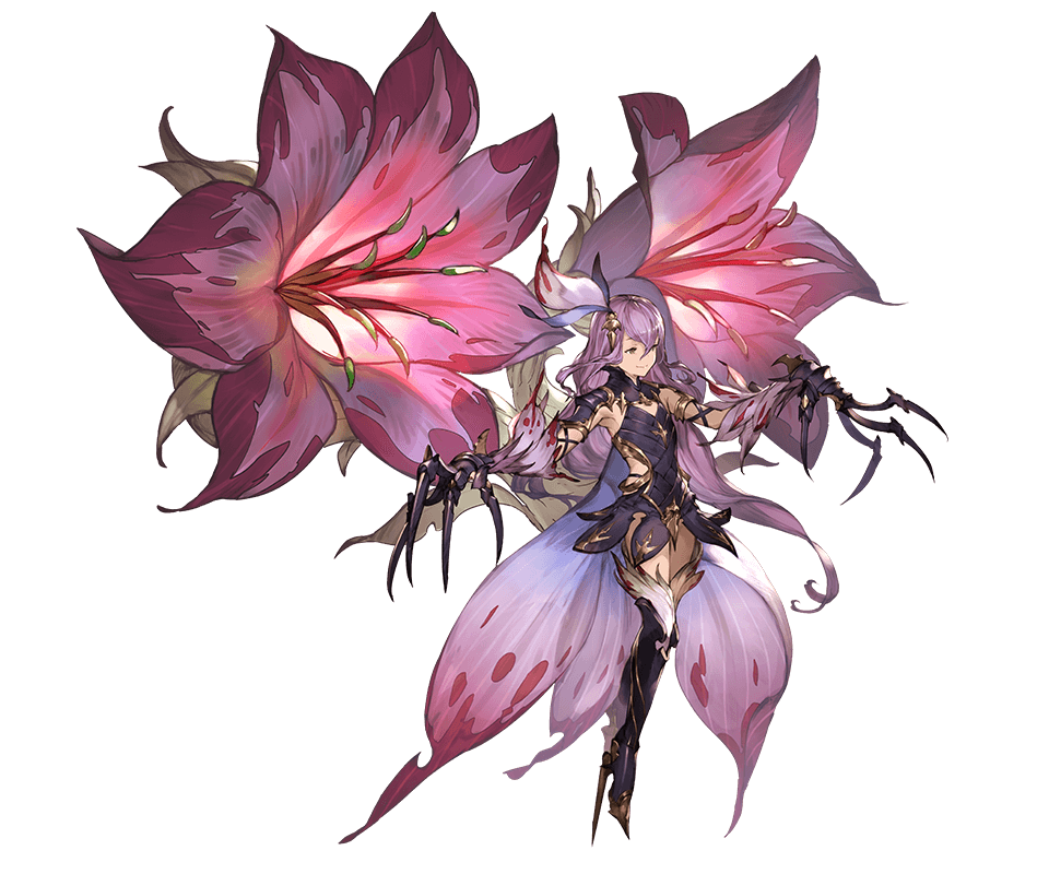 10s, 1boy, boots, brown_eyes, cape, claw_(weapon), fili_(granblue_fantasy), flower, full_body, gloves, granblue_fantasy, hair_ornament, high_heel_boots, high_heels, leaf, long_hair, male_focus, minaba_hideo, official_art, petals, purple_hair, solo, transparent_background, trap, weapon