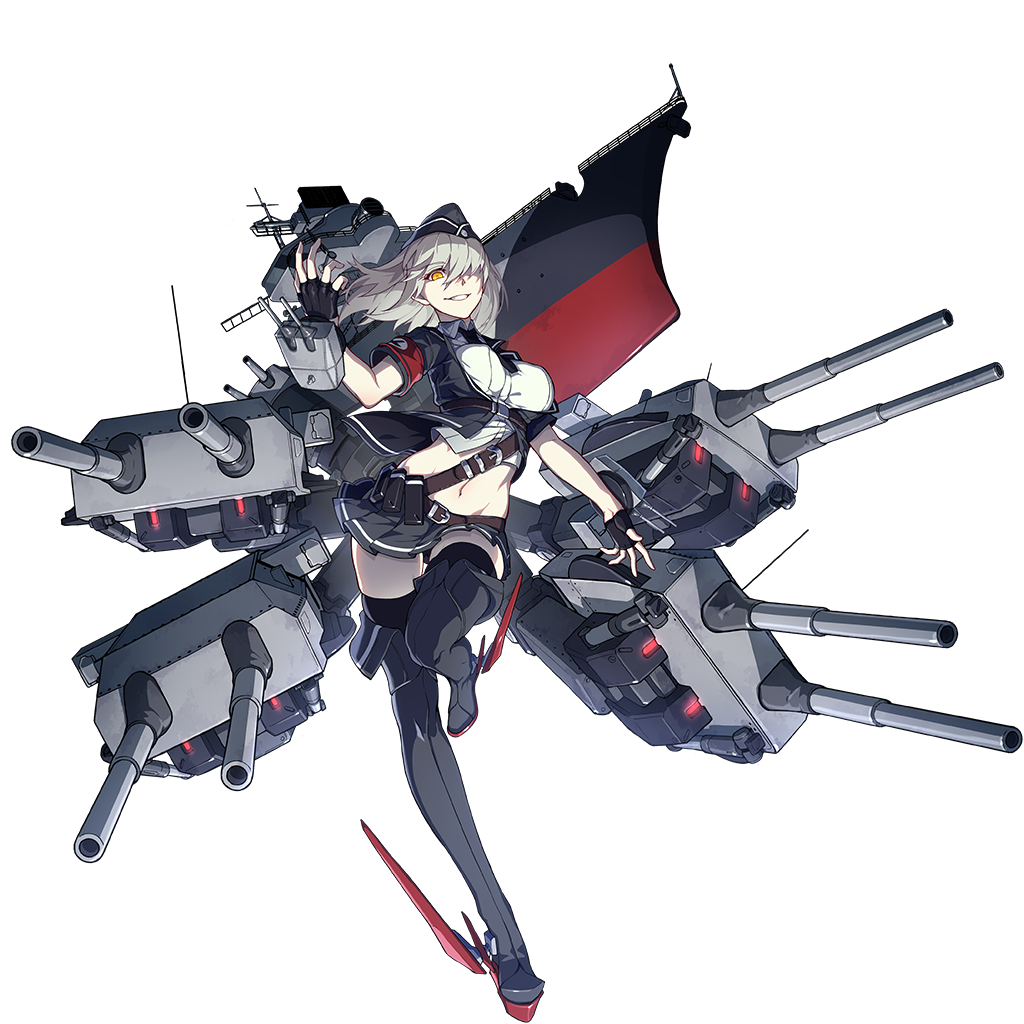 1girl, armband, ascot, belt, black_gloves, black_skirt, black_thighhighs, boots, breasts, full_body, garrison_cap, gloves, grey_hair, grin, hair_over_one_eye, hat, hindenburg_(warship_girls_r), large_breasts, looking_at_viewer, midriff, miniskirt, ns_(ntrsis), official_art, pleated_skirt, rigging, ship_turret, skirt, smile, thigh_boots, thighhighs, transparent_background, warship_girls_r