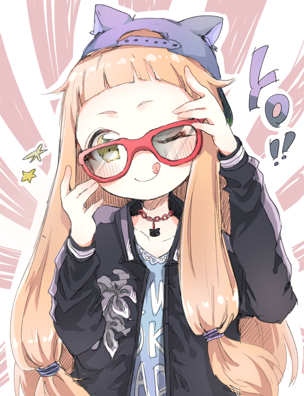 10s, 1girl, ;q, adjusting_eyewear, alternate_costume, animal_hat, backwards_hat, baseball_cap, black_hat, black_jacket, blue_shirt, blunt_bangs, border, c:, casual, cat_hat, chain, chain_necklace, child, closed_mouth, clothes_writing, collarbone, emphasis_lines, eyelashes, female_focus, forehead, glasses, hat, head_tilt, highres, ichihara_nina, idolmaster, idolmaster_cinderella_girls, jacket, jewelry, korean_text, long_hair, low-tied_long_hair, necklace, one_eye_closed, orange_hair, pendant, pya~_(yyy961019), red-framed_eyewear, shirt, short_eyebrows, smile, solo, sparkle, straight_hair, sukajan, tongue, tongue_out, upper_body, yellow_eyes
