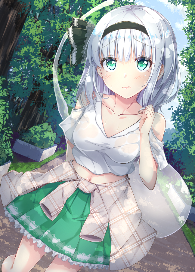 1girl, black_legwear, black_ribbon, blue_sky, blunt_bangs, blush, breasts, clothes_around_waist