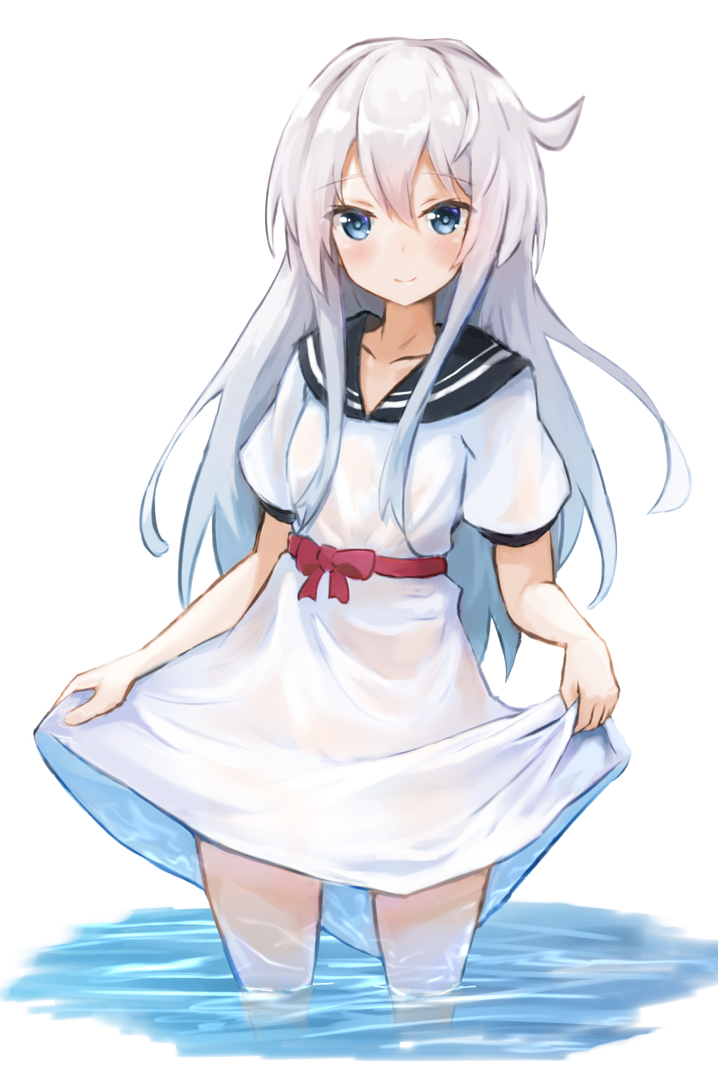 10s, 1girl, adapted_costume, blue_eyes, clothes_lift, collarbone, dress, dress_lift