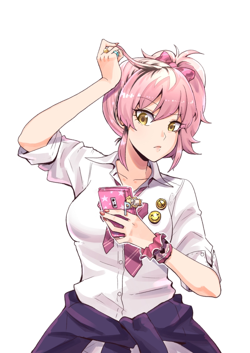 10s, 1girl, absurdres, adjusting_hair, arm_up, badge, blonde_hair, bow