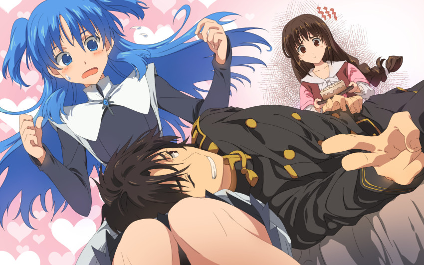 1boy, 2girls, almaria_(sukasuka), almaria_duffner, belt, blue_eyes, blue_hair, braid