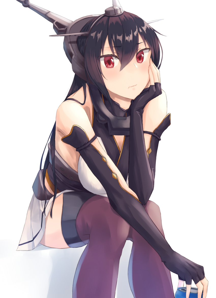 10s, 1girl, bare_shoulders, black_gloves, black_hair, blush, breasts, can