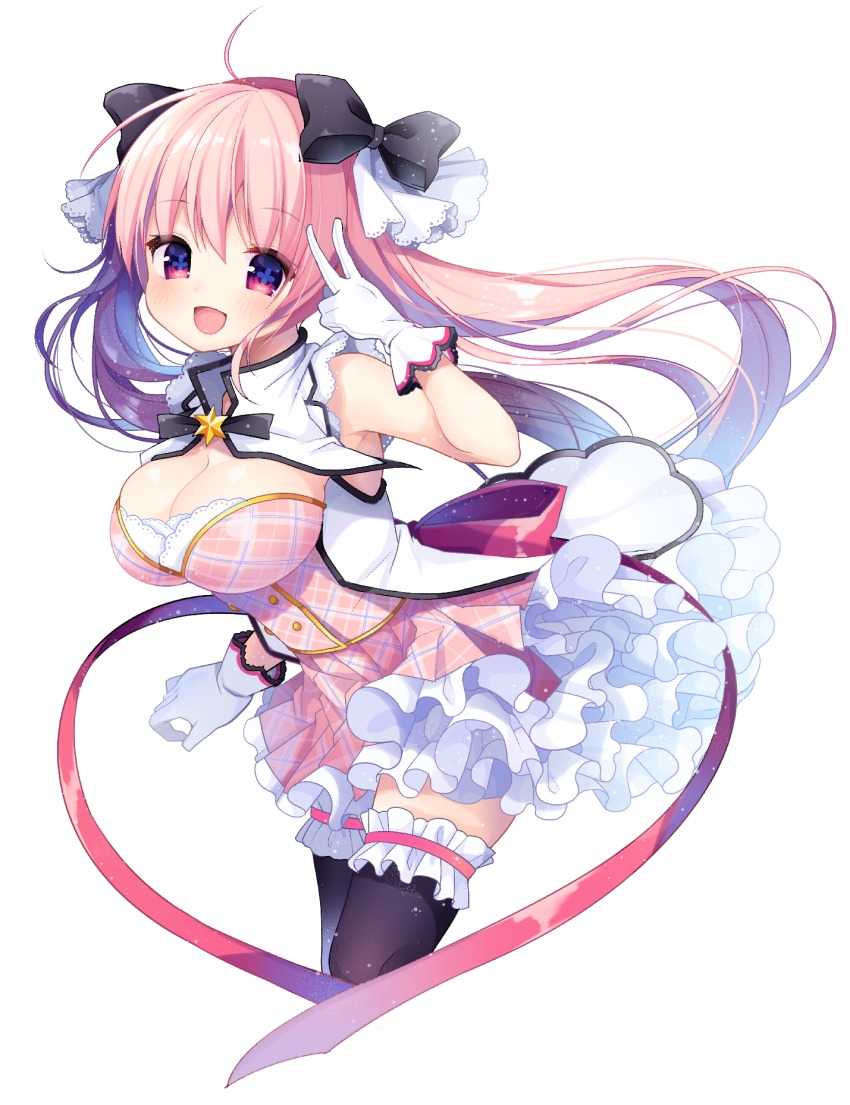 1girl, bemani, black_ribbon, black_thighhighs, breasts, bustier, capelet, cleavage