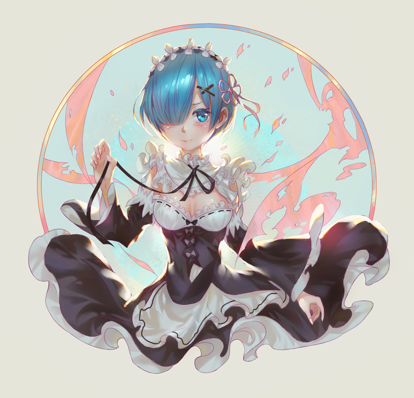 10s, 1girl, black_ribbon, blue_eyes, blue_hair, cgshuchai, detached_sleeves, female_focus