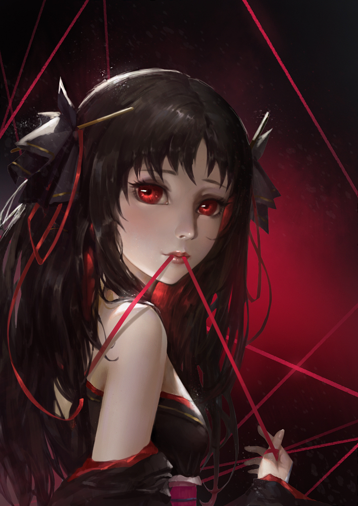 1girl, bare_shoulders, black_hair, breasts, cgshuchai, female_focus, hair_ribbon, japanese_clothes, kimono, long_hair, machine-doll_wa_kizutsukanai, medium_breasts, mouth_hold, red_eyes, red_ribbon, ribbon, short_kimono, solo, yaya_(machine-doll)