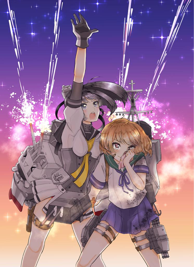 >_<, 10s, 2girls, akizuki_(kancolle), arm_up, bandaid, bandaid_on_face, black_hair