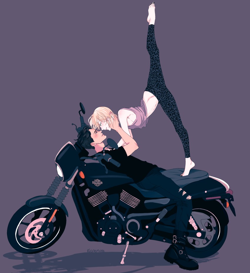 10s, 2boys, absurdres, animal_print, barefoot, black_hair, blonde_hair, boots, denim, eye_contact, feet, green_eyes, grey_eyes, hands_on_another's_face, highres, jeans, leg_up, leggings, leopard_print, looking_at_another, male_focus, motor_vehicle, motorcycle, multiple_boys, noses_touching, otabek_altin, pants, profile, ri_(rianemone), smile, torn_clothes, torn_jeans, torn_pants, yaoi, yuri!!!_on_ice, yuri_plisetsky