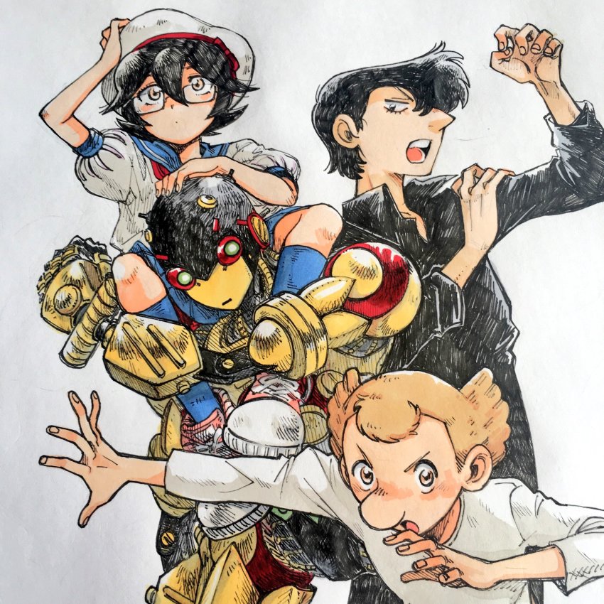 1girl, 2boys, a106, atom:_the_beginning, large_nose, black_hair, brother_and_sister, brown_hair