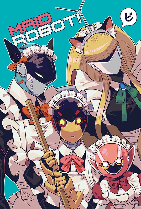 a106, a107, animal_ears, apron, atom:_the_beginning, bad_id, bad_twitter_id, blonde_hair, blue_background, blunt_bangs, bow, broom, cat_ears, clothed_robot, fake_animal_ears, humanoid_robot, long_hair, looking_at_viewer, maid, maid_headdress, mars_(atom:_the_beginning), no_humans, non-humanoid_robot, north_(atom:_the_beginning), pink_bow, red_bow, robot, saiko67, simple_background, tetsuwan_atom