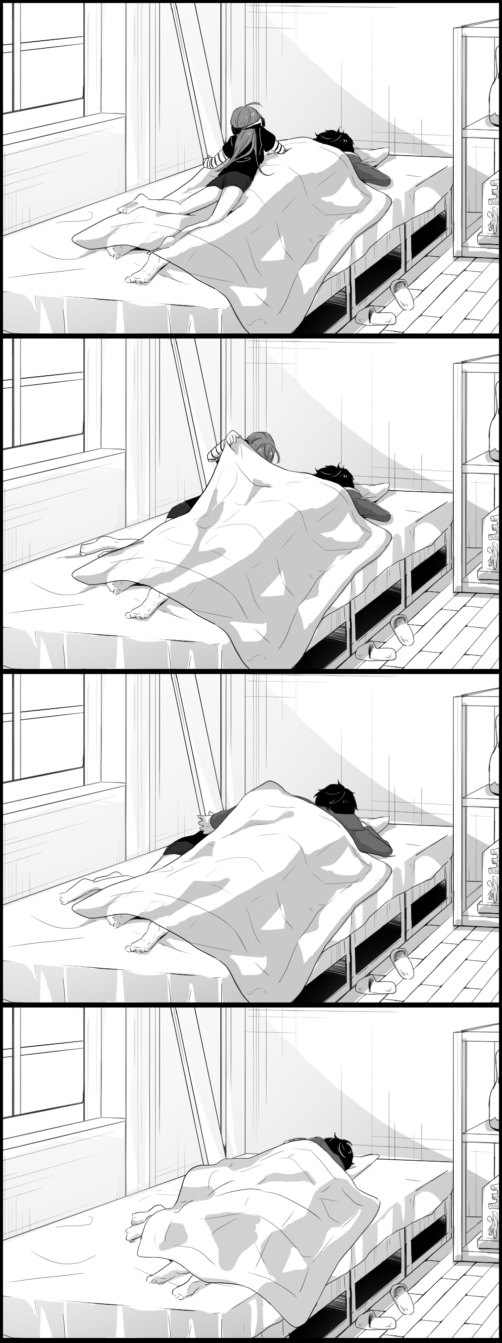 10s, 1boy, 1girl, 4koma, absurdres, amamiya_ren, bad_id, bad_pixiv_id, barefoot, bed, blanket, bookshelf, comic, couple, cuddling, greyscale, headphones, hetero, highres, long_hair, lying_on_person, monochrome, persona, persona_5, pillow, sakura_futaba, short_shorts, shorts, silent_comic, sleeping, slippers, unworn_slippers, under_covers, waking_another, window, yonedamai
