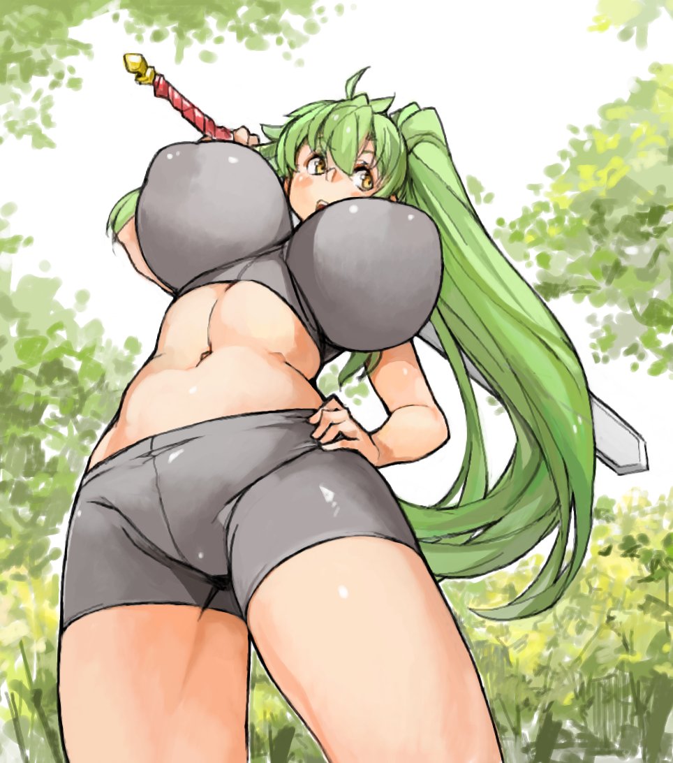 1girl, bike_shorts, breasts, female_focus, from_below, green_hair, hand_on_own_hip, high_ponytail, holding, huge_breasts, impossible_clothes, impossible_shirt, impossible_tank_top, long_hair, midriff, navel, open_mouth, original, perky_breasts, ponytail, sachito, shirt, solo, standing, sumi-chan_(sachito), sword, thick_thighs, thighs, very_long_hair, weapon, yellow_eyes
