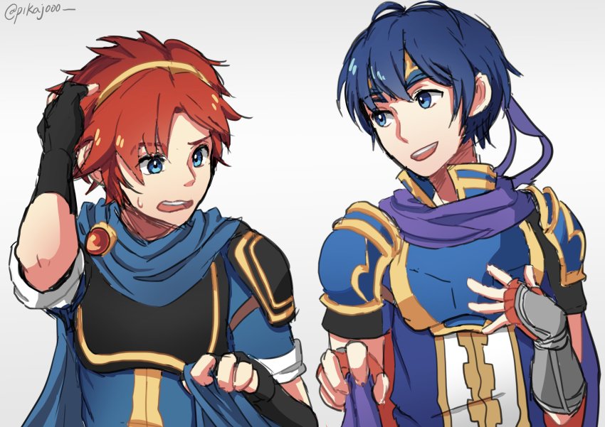 2boys, absurdres, armor, blue_eyes, blue_hair, blush, cape, cosplay