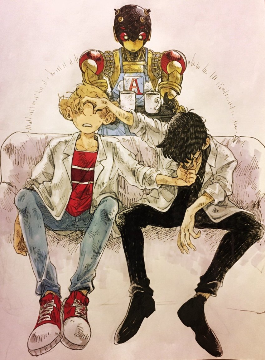 2boys, a106, apron, atom:_the_beginning, large_nose, black_hair, black_pants, black_shirt, brown_hair, coffee_mug, couch, cup, denim, full_body, haramushi, highres, jeans, male_focus, mug, multiple_boys, nose_pinch, ochanomizu_hiroshi, open_mouth, pants, red_shirt, robot, shirt, short_hair, slouching, striped_clothes, striped_shirt, tenma_umatarou, tetsuwan_atom, traditional_media, tray