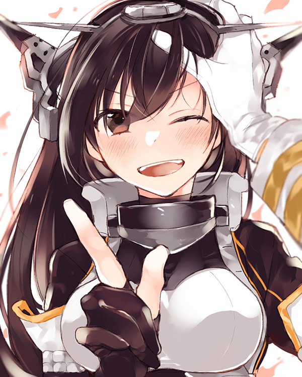 10s, 1girl, admiral_(kancolle), black_gloves, black_hair, brown_eyes, close-up, gloves, hand_on_another's_head, headgear, kantai_collection, karomura, long_hair, nagato_(kancolle), one_eye_closed, open_mouth, partially_fingerless_gloves, remodel_(kantai_collection), smile, solo_focus, upper_body, white_gloves