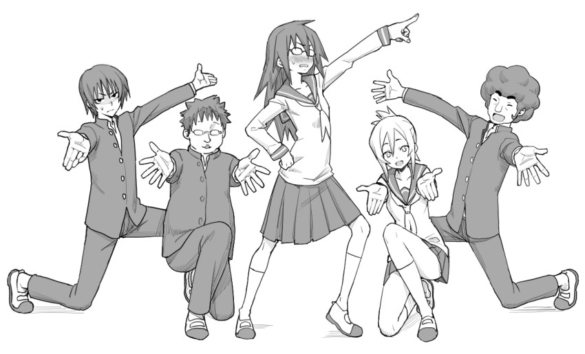 2girls, 3boys, afro, blush, embarrassed, folded_ponytail, gakuran, glasses, greyscale, hand_on_own_hip, hare_hare_yukai, kitahara_aya, kneeling, kurosawa_kakeru, long_hair, looking_at_viewer, monochrome, multiple_boys, multiple_girls, nagaoka_keiji, onanie_master_kurosawa, opaque_glasses, pointing, school_uniform, seki_shuuta, shaded_face, sidelocks, suzumiya_haruhi_no_yuuutsu, sweatdrop, takigawa_magister, velzhe, white_background