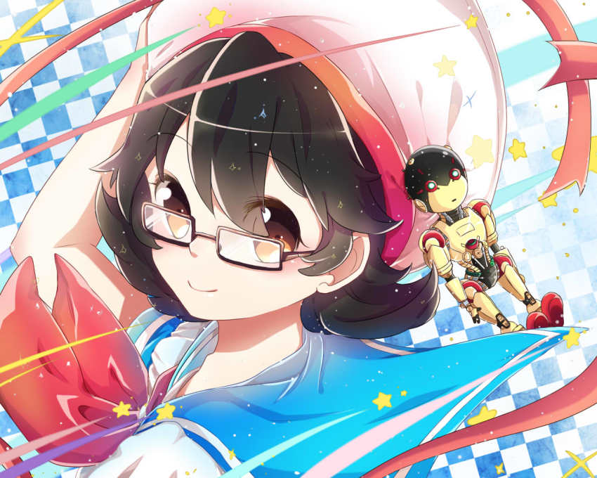 1girl, a106, atom:_the_beginning, beret, black-framed_eyewear, black_hair, chaimaou, checkered_background