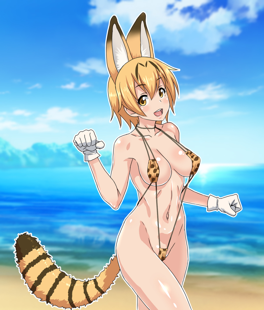 10s, 1girl, :d, animal_ears, animal_print, beach, blonde_hair, blurry