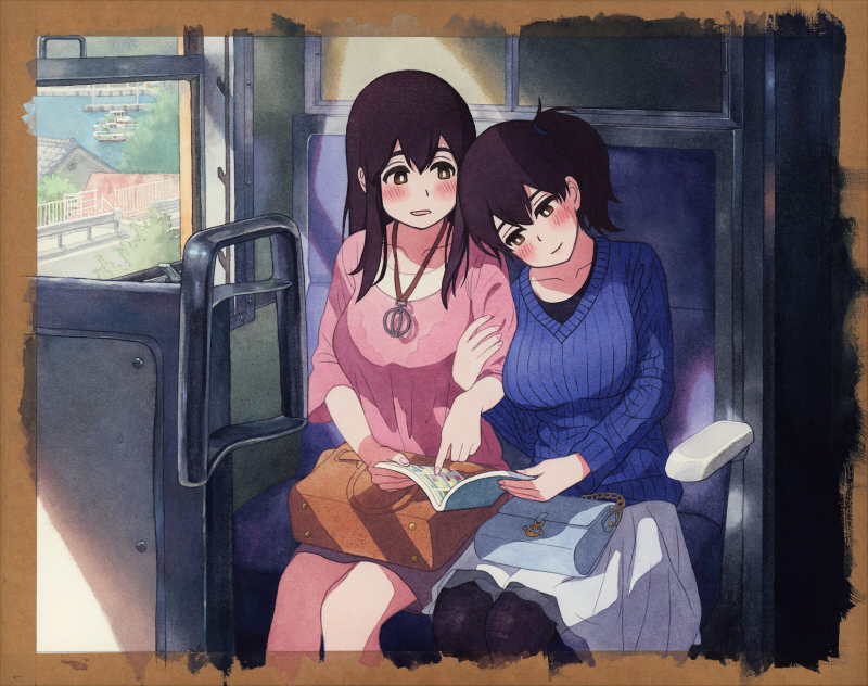 10s, 2girls, akagi_(kancolle), alternate_costume, arm_grab, black_legwear, black_shirt, blue_sweater