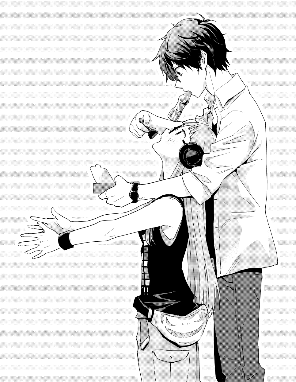10s, 1boy, 1girl, ahoge, amamiya_ren, bare_shoulders, box, fanny_pack, feeding, glasses, greyscale, haru_no_pan_matsuri, headphones, height_difference, highres, long_hair, looking_up, monochrome, outstretched_arms, persona, persona_5, sakura_futaba, sleeveless, tank_top, watch, wristband, wristwatch