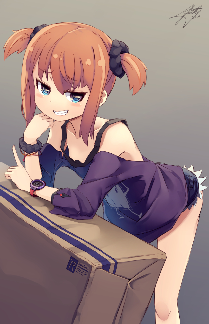 1girl, arm_rest, blue_eyes, box, brown_hair, cardboard_box, cutoffs, denim, denim_shorts, female_focus, grin, heart, heart-shaped_pupils, highres, j.h_j.h, leaning_forward, off_shoulder, original, shirt, short_hair, short_shorts, short_twintails, shorts, smile, solo, symbol-shaped_pupils, tank_top, twintails, watch, wristwatch