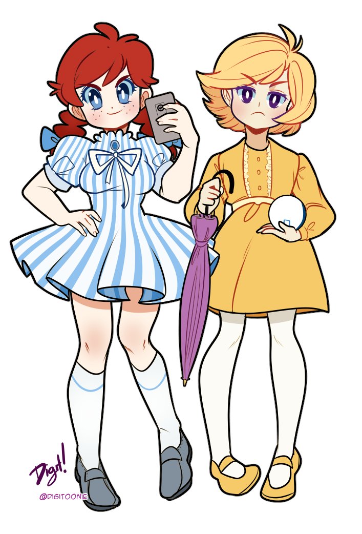 2girls, blonde_hair, bow, braid, breasts, bright_pupils, canister, cellphone, dress, flat_chest, freckles, full_body, hand_on_own_hip, kristen_bailey, long_hair, looking_at_viewer, mary_janes, mascot, morton_salt, morton_salt_girl, multiple_girls, phone, puffy_short_sleeves, puffy_sleeves, purple_umbrella, red_hair, shoes, short_dress, short_hair, short_sleeves, simple_background, small_breasts, smartphone, socks, standing, striped_clothes, striped_dress, twin_braids, twitter_username, umbrella, vertical_stripes, wendy's, wendy_(wendy's), white_background, white_pupils, yellow_dress, yellow_shoes