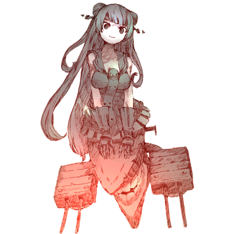 10s, 1girl, abyssal_ship, black_gloves, black_hair, double_bun, female_focus, gauntlets, gloves, gurin33, hair_bun, kantai_collection, light_cruiser_oni, long_hair, looking_at_viewer, ship_turret, simple_background, sketch, solo, teeth, very_long_hair, white_background