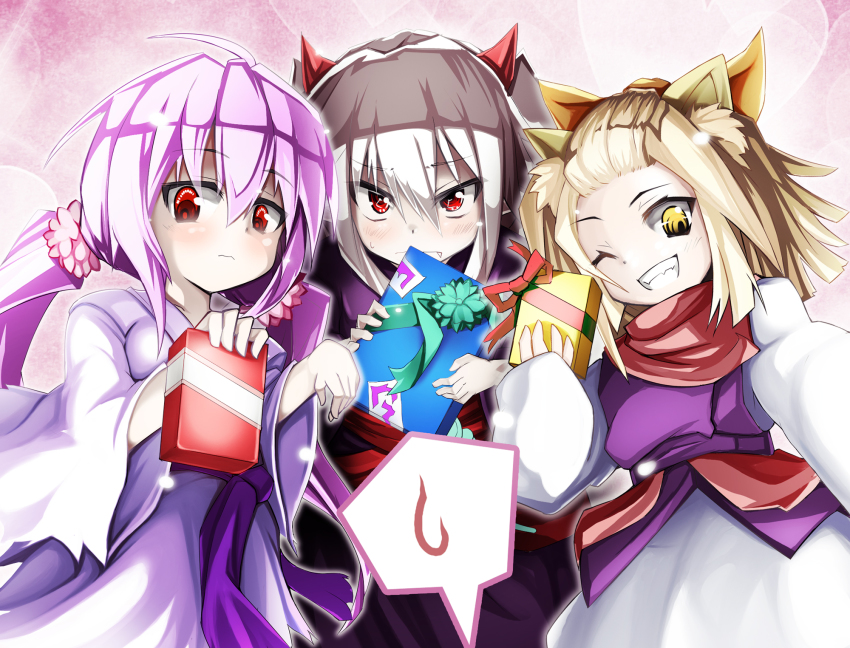 >;), 3girls, ahoge, ash_blossom_&amp;_joyous_spring, blonde_hair, box, brown_hair, commentary