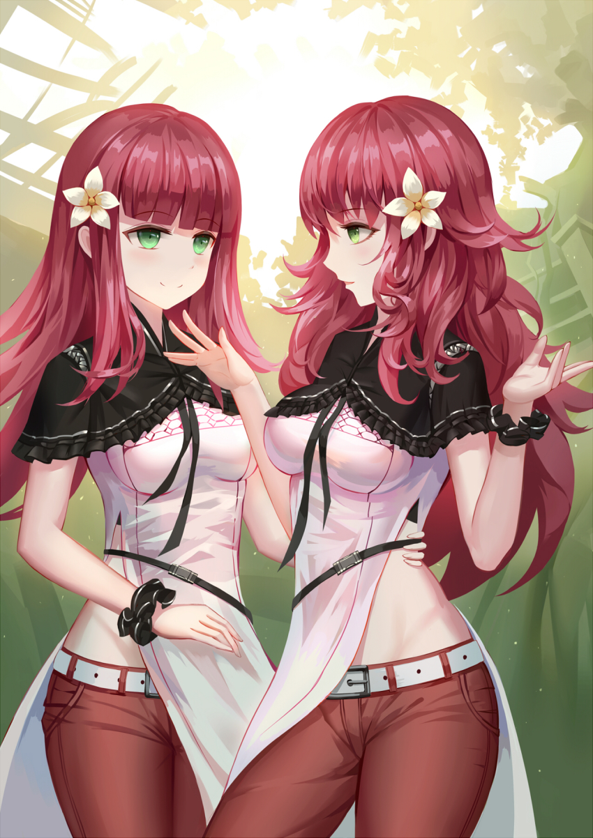 2girls, belt, blunt_bangs, blush, breasts, brown_pants, capelet, closed_mouth