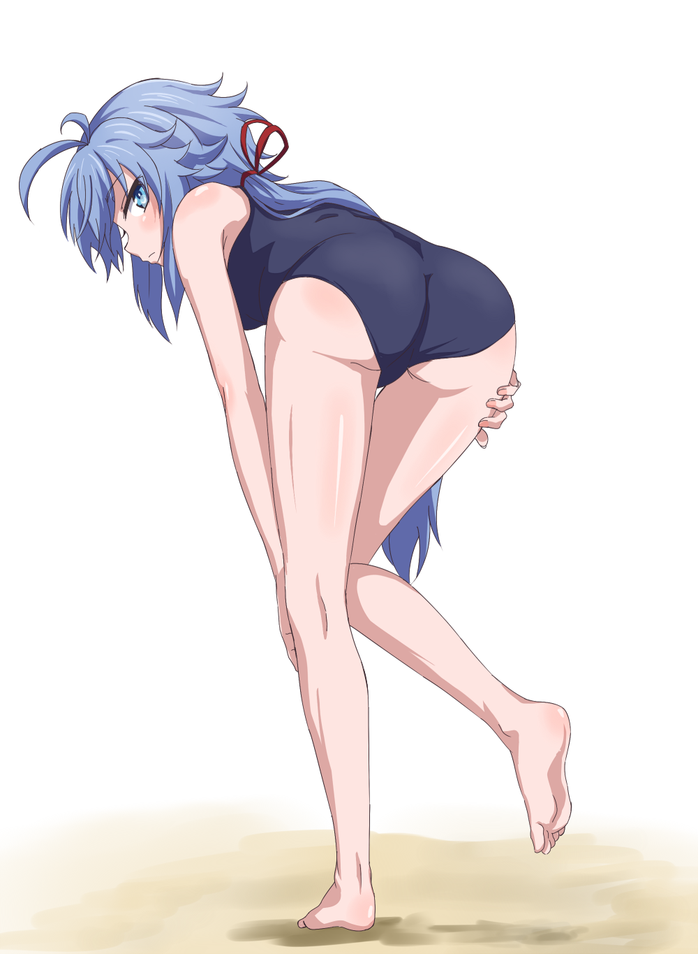 10s, 1girl, ahoge, ass, barefoot, bent_over, blue_eyes, blue_hair, commentary_request, feet, female_focus, from_behind, full_body, hand_on_own_knee, highres, legs, long_hair, looking_back, low_ponytail, one-piece_swimsuit, ponytail, rokudenashi_majutsu_koushi_to_akashic_record, ryiel_rayford, sand, school_swimsuit, simple_background, sincos, solo, standing, standing_on_one_leg, swimsuit, very_long_hair, white_background
