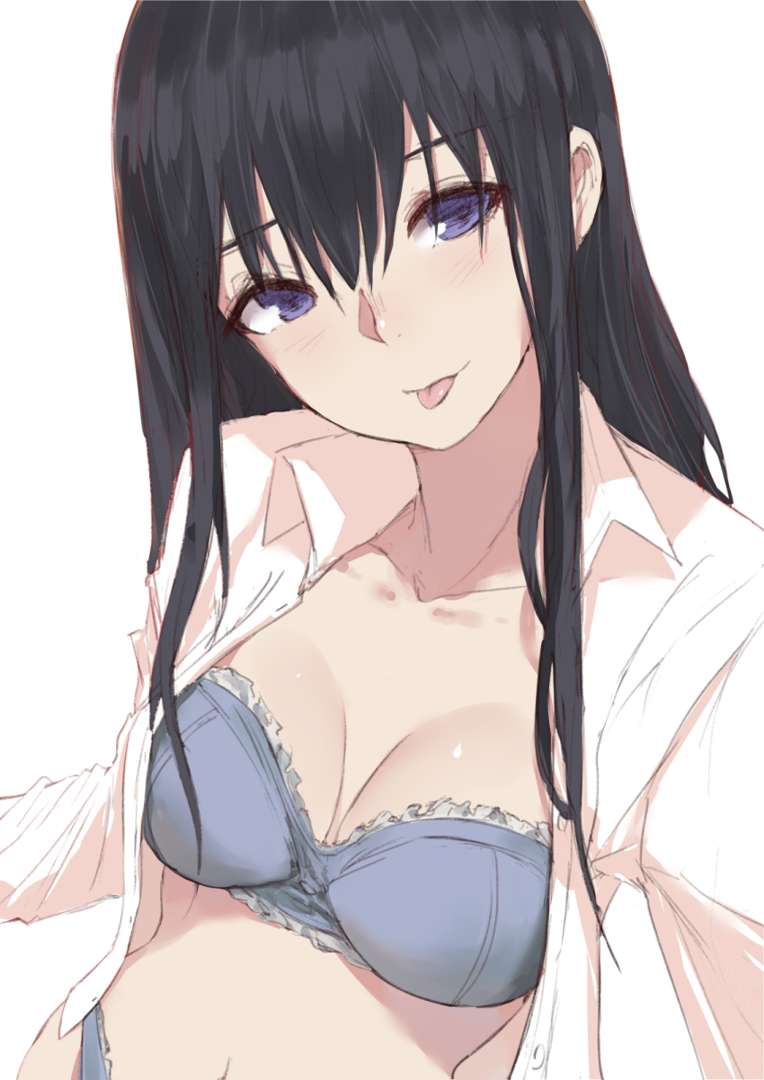 10s, 1girl, :p, black_hair, blouse, blue_bra, blue_eyes, blue_panties, blush, bra, breasts, closed_mouth, collarbone, collared_shirt, dress_shirt, female_focus, hair_between_eyes, highres, koe_no_katachi, light_smile, long_hair, long_sleeves, looking_at_viewer, medium_breasts, navel, norman_maggot, open_clothes, open_shirt, panties, shirt, simple_background, solo, tongue, tongue_out, ueno_naoka, underwear, upper_body, white_background, white_shirt