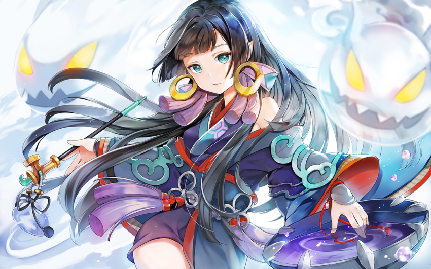 1girl, aqua_eyes, bare_shoulders, black_hair, blunt_bangs, blurry, cowboy_shot, depth_of_field, earrings, female_focus, holding, holding_smoking_pipe, hoop_earrings, jewelry, looking_at_viewer, off_shoulder, onmyoji, pointy_ears, ripples, sibyl, smoke, smoking_pipe, solo, water_drop, yanyanluo