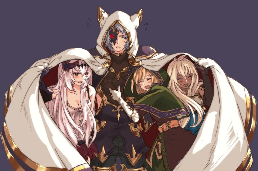 10s, 1boy, 3girls, armor, blonde_hair, breasts, camisole, cape