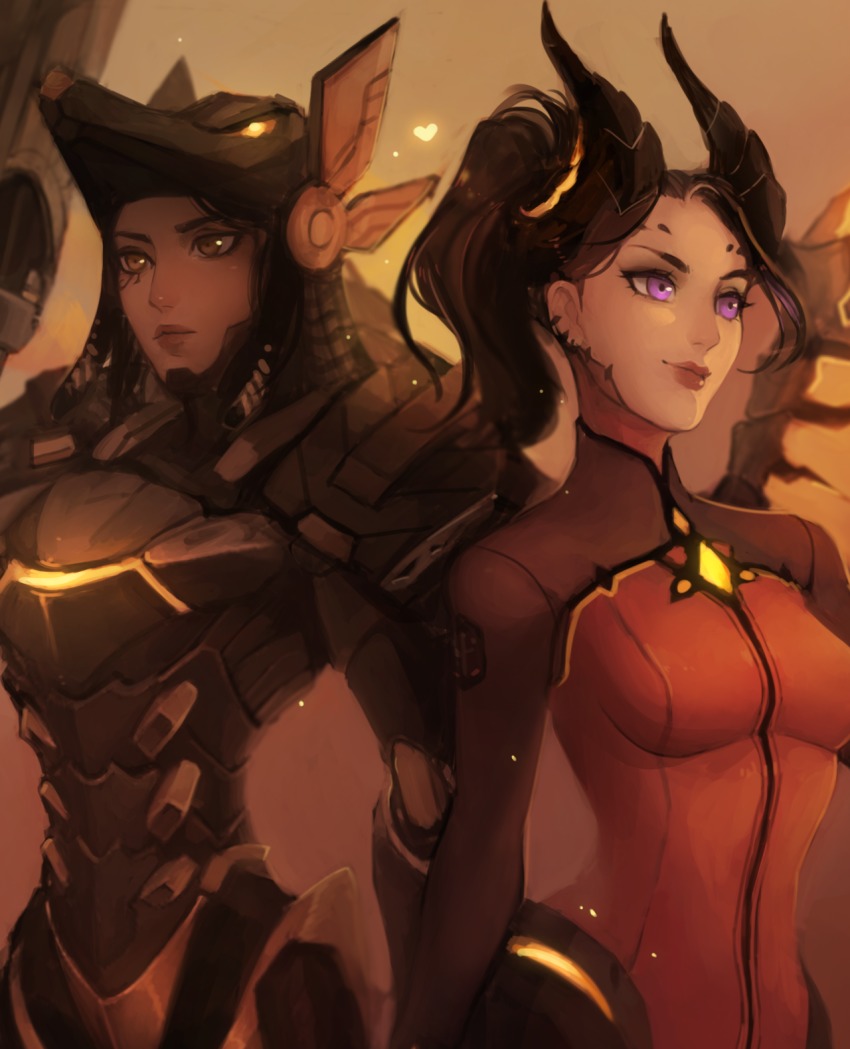 2girls, alternate_costume, anubis_pharah, artist_name, black_hair, bodysuit, braid, breasts