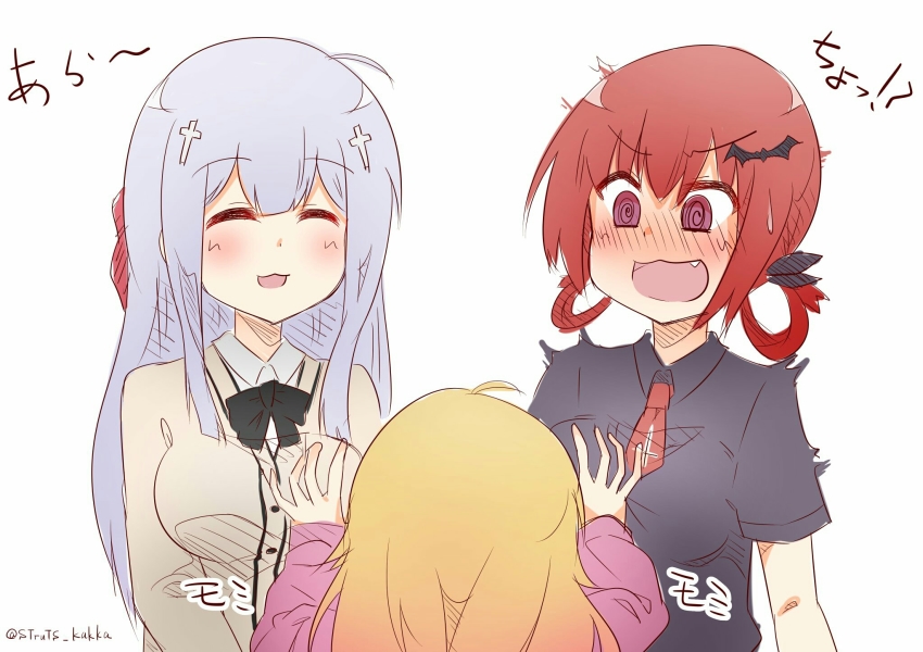 10s, 3girls, :3, @_@, ^_^, ahoge, bad_id, bad_pixiv_id, bat_hair_ornament, black_shirt, blonde_hair, blush, bow, bowtie, cardigan, closed_eyes, cross, cross_hair_ornament, fang, full-face_blush, gabriel_dropout, gabriel_tenma_white, grabbing_another's_breast, groping, hair_ornament, hair_ribbon, hair_rings, highres, inverted_cross, jacket, long_hair, looking_at_another, multiple_girls, necktie, open_mouth, pink_cardigan, purple_eyes, raphiel_shiraha_ainsworth, red_hair, ribbon, satanichia_kurumizawa_mcdowell, shirt, struts, surprised, twitter_username, white_hair, white_jacket