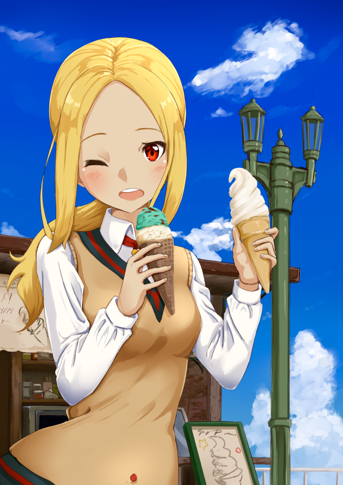 1girl, ;d, alternate_costume, alternate_hairstyle, ame., blonde_hair, blush, cloud, collared_shirt, dark-skinned_female, dark_skin, day, eating, female_focus, food, gravity_daze, ice_cream, kitten_(gravity_daze), long_hair, long_sleeves, looking_at_viewer, one_eye_closed, open_mouth, outdoors, parted_bangs, ponytail, pov, red_eyes, school_uniform, shirt, sky, smile, solo, sweater_vest, vanilla